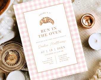 Invitación para baby shower con bollo rosa en el horno / Plantilla editable de Canva / Invitación con temática de panadería / Descarga instantánea imprimible
