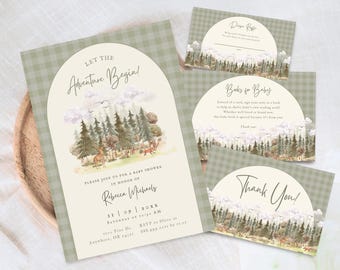 Plantilla para baby shower de montaña con temática de bosque / Editable, tema "Que comience la aventura" / Descarga digital instantánea imprimible Canva WM1