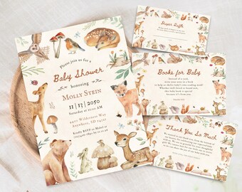 Wald Baby Shower Einladung Bündel | Neutrales Waldtiere Thema | Bearbeitbare Sofort Download Vorlage mit Canva