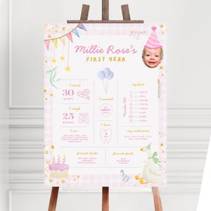 Könnte beinhalten: Ein rosa-weißes Schild zum ersten Geburtstag auf einer Staffelei. Das Schild enthält den Text "Millie Rose's FIRST YEAR" und Details wie Größe (76 cm), Gewicht (11 kg) und Lieblingsdinge. Oben ist ein Foto eines Babys.