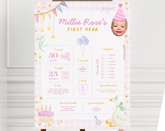 Póster de hito "Diversión para ser uno", letrero editable / Visualización de estadísticas del primer año / Plantilla de Canva / Primer cumpleaños caprichoso en rosa / Descarga instantánea FB1
