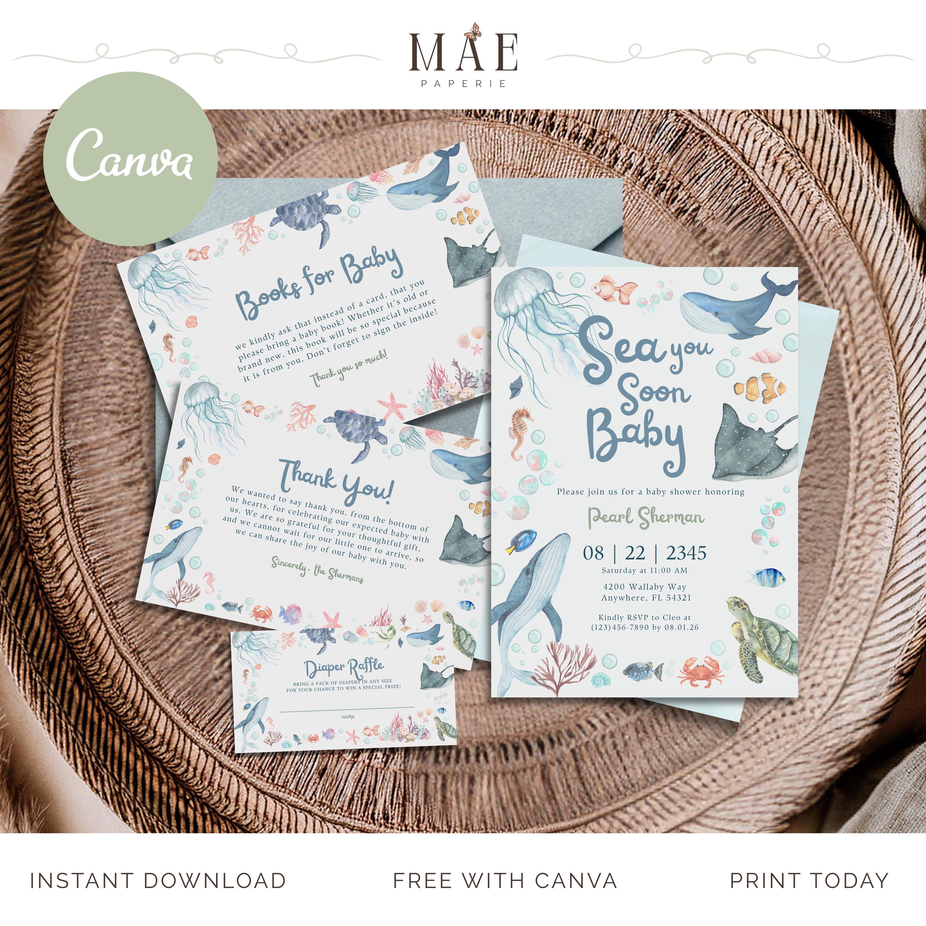 Sea You Soon Coastal Baby Shower Invitation Bundle | Editable Canva ...