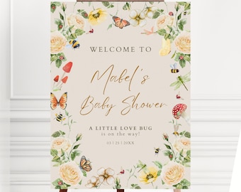 Letrero de bienvenida para baby shower de Little Love Bug / Plantilla editable de Canva / Tema de jardín / Descarga instantánea imprimible LB1