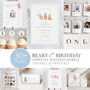 May include: A digital birthday party bundle featuring a light blue gingham theme with watercolor teddy bears wearing party hats. Includes editable invitation templates, milestone posters, cupcake toppers, photo banners, and signage for a first birthday.