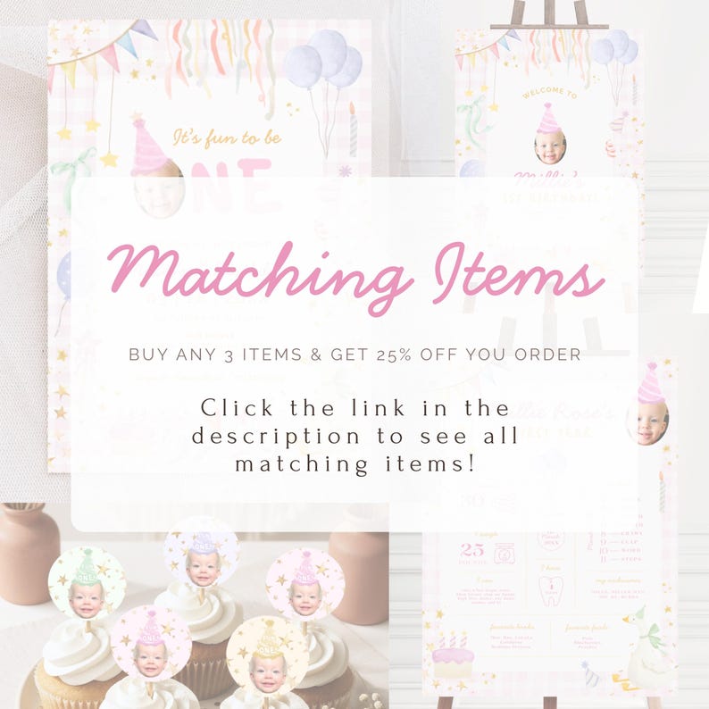 May include: A collection of party decorations with a pastel color scheme. The image includes signs, cupcake toppers, and other items with the text "Matching Items". The decorations feature a baby's face and party hats.