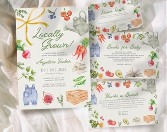 Locally Grown Baby Shower Invitation Template Bundle: Gender Neutral Canva Invite (Digital Download)