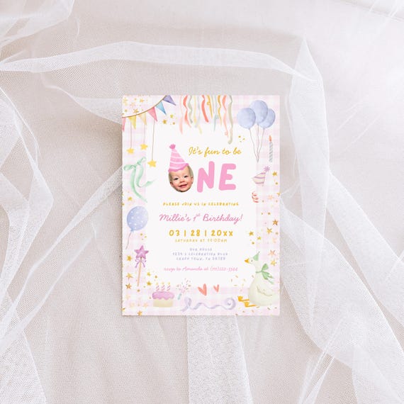 Fun to be One Birthday Invitation Template | Editable Whimsical Pink Invite | Girl 1st Birthday | Printable Digital Download | Canva FB1