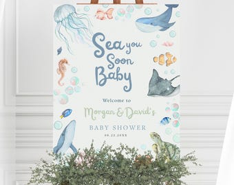 Letrero de bienvenida para baby shower "Sea You Soon" / Plantilla editable de Canva / Tema oceánico / Descarga instantánea imprimible SY1