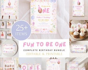 Paquete completo "Diversión al cumplir un año" / Invitación rosa caprichosa editable / Primer cumpleaños de niña / Descarga digital imprimible / Canva FB1