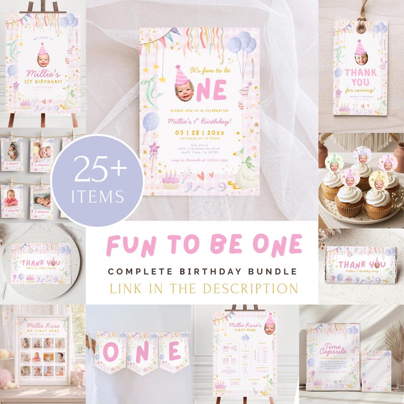 May include: A complete birthday bundle with a pink, blue, and gold color scheme. The bundle includes invitations, banners, cupcake toppers, and thank you cards. The text "Fun to be One" and "Millie's 1st Birthday" are visible.