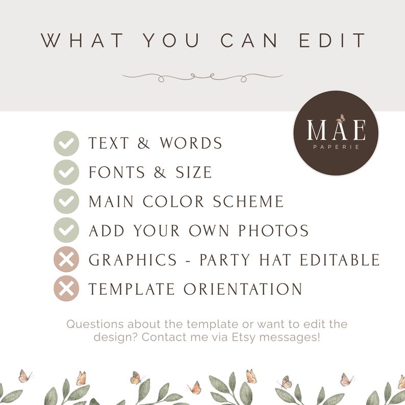 May include: A digital template design with the text "WHAT YOU CAN EDIT" at the top. The design elements include checkmarks and cross marks next to editable features like text, fonts, color scheme, and photos. The Mae Paperie logo is in a circle.