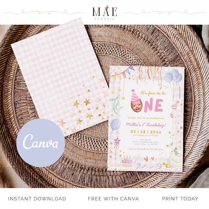May include: A birthday invitation with a pink and gold star design, and a matching envelope with a pink gingham pattern. The invitation reads "It's fun to be ONE" and includes the text "Millie's 1st Birthday!" and "Free with Canva."