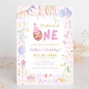 May include: A pink and white birthday invitation with the text "It's fun to be ONE". The invitation includes a photo of a baby, balloons, a cake, and a goose. The invitation is for Millie's 1st birthday.