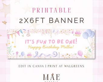 Plantilla editable de pancarta de cumpleaños "Diversión al cumplir un año" de 2 x 6 pies / Letrero imprimible de Walgreens / Primer cumpleaños rosa y original / Descarga instantánea FB1