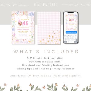 May include: A birthday invitation suite featuring a front and back invitation, and a phone mockup. The invitation has a pink and gold theme with the text "It's fun to be ONE". The phone mockup displays the invitation with the text "Hope you can come!"