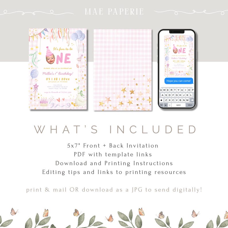 May include: A birthday invitation suite featuring a front and back invitation, and a phone mockup. The invitation has a pink and gold theme with the text "It's fun to be ONE". The phone mockup displays the invitation with the text "Hope you can come!"
