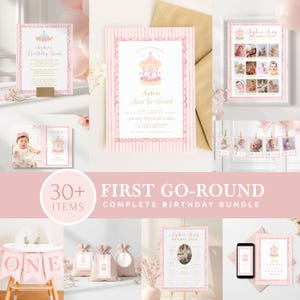 Puede incluir: Un conjunto de papelería para cumpleaños con temática de carrusel y patrones de rayas rosas y blancas. El set incluye invitaciones, paneles de fotos, tarjetas de agradecimiento y banderines con el texto First Go-Round.