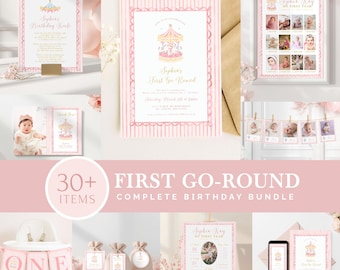 Paquete Mega de Primer Cumpleaños Carrusel / Plantilla de Invitación Rosa Editable para la Primera Vuelta / Cumpleaños Coquette / Descarga Digital Imprimible FG1