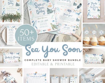 Paquete completo de baby shower "Sea You Soon" / Plantillas editables de Canva / Invitación digital con temática oceánica / Descarga instantánea / SY1