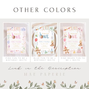 May include: Three colorful birthday invitations with the word "ONE" in large letters. The invitations feature a photo, balloons, and teddy bears. The text "Pink Fun to be 1 Birthday Invite", "Blue Fun to be 1 Birthday Invite", and "Pink Bears Fun to be 1 Invite" are displayed.