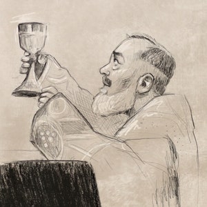 Puede incluir: Boceto a lápiz de un hombre sosteniendo un cáliz, con el texto "JESUS I SURRENDER MYSELF TO YOU TAKE CARE OF EVERYTHING." La obra está firmada "MK '23". El hombre tiene barba y viste una túnica.