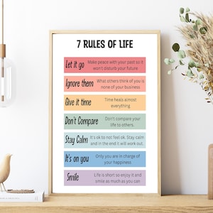 7 Rules of Life Print, Mental Health Poster, Inspirational Art, Motivational Quote