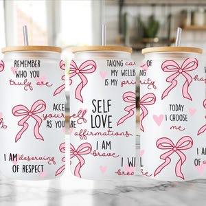 Self Love Libbey Can Glass 16oz | Frosted Iced Coffee Glass with Bamboo Lid + Glass Straw | Motivational Cup | Mental Health Gift