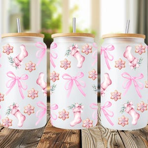 Pink Stocking Frosted Libbey Can 16oz | Cute Christmas Glass Cup with Lid & Straw | Holiday Bow Drinkware Gift | Reusable Eco Cup
