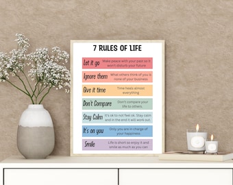 7 Rules of Life Print, Mental Health Poster, Inspirational Art, Motivational Quote