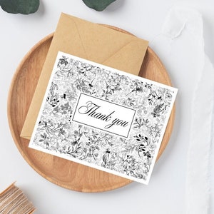 Bedankkaarten bloemen zwart-wit, Franse toile zwarte bedankkaartenset, zwarte chinoiserie bedankkaartpakket bulk zwart-wit notities