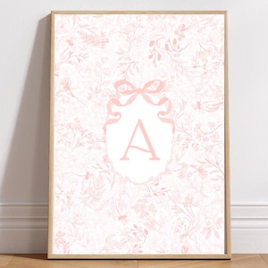 Light Pink Floral Initial Print Customized Salmon Pink Chinoiserie Letter Wall Decor Preppy Monogram Blush Pink Bow Nursery Wall Art Peach