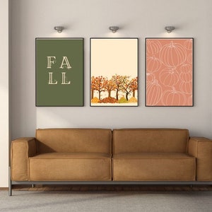 Juego de 3 cuadros de otoño, cuadros de otoño, impresiones de calabazas y hojas florales, decoración minimalista de otoño, juego de impresiones modernas de otoño