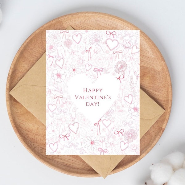 Happy Valentine's Day Card, Pink white Valentine Cards Set, Floral Valentine Cards Pack, Pink bows floral valentines card, pink hearts card