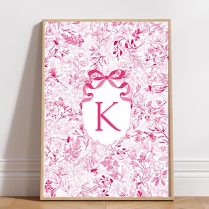 Pink Floral Initial Print Customized Rose Chinoiserie Letter Wall Decor Preppy Dark Pink Monogram Bow Nursery Wall Art Women Bedroom Poster