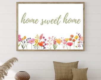 Enseigne Home Sweet Home, impression Home Sweet Home, art mural fleurs, décoration Home Sweet Home, art de l'entrée, décoration de la ferme, enseigne de la maison