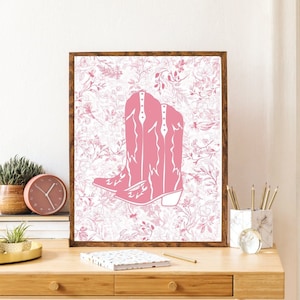 Impresión de vaquera rosa, arte de pared de vaquera de moda, cartel occidental rosa retro, decoración de botas de vaquera rosa, decoración de apartamento universitario femenino, arte de moda