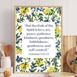 But the fruit of the spirit is love Galatians 5:22 print, Fruit Scripture bible verse wall art, Christian Kitchen decor lemon blueberry