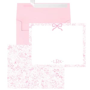 Customized Stationary Set, Personalized Pink Bow Notecards, Coquette Stationery Chinoiserie, Preppy Note cards Pink Floral Toile, Gift Her