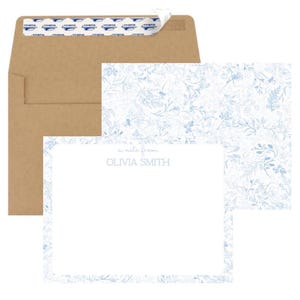 Biglietti di auguri personalizzati, articoli di cancelleria Chinoiserie, set di biglietti di auguri Grandmillennial personalizzati, carta da lettere floreale azzurra con busta