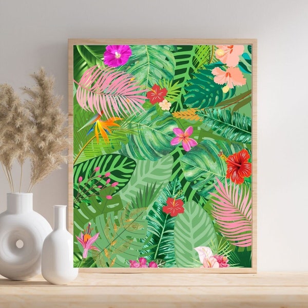 Tropical decor, tropical flower print, tropical floral art, tropical bedroom wall art, tropical bathroom art, botanical fuschia flower print