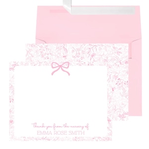 Baby Shower Thank You Cards Pink Bow Custom Girl Baby Shower Thank You Notes Pink Floral Toile From the Nursery of Personalized Notecard Set