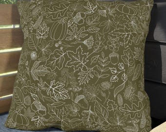 Fall Outdoor Pillows, Autumn Outside Pillow, Fall Foliage Green Porch Pillows, Autumn Leaves Pumpkins Patio Pillows Lumbar Waterproof