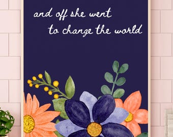 And off she went to change the world, girl women empowerment, feminist print, purple coral flowers, graduation gift, college apartment decor