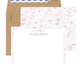 Personalized Coquette Notecards, Pink Floral Coquette Stationary Toile Chinoiserie, Customized Pink Bow Feminine double sided Note cards set