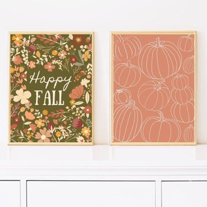 Juego de 2 impresiones de otoño, decoración del hogar de otoño, arte de pared con calabazas y hojas de otoño alegres, juego de 2 carteles bohemios de otoño, decoración de pared floral con colores de otoño