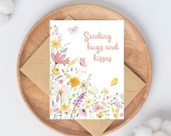 Sending hugs and kisses cards, sending love flower cards, wildflower condolences cards, floral butterfly thinking of you card personalized
