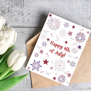 Cartes du 4 juillet, carte du 4 juillet heureux, cartes du 4 juillet, pack de cartes du 4 juillet, cartes patriotiques rouges blanches bleues de feux d'artifice, carte personnalisée