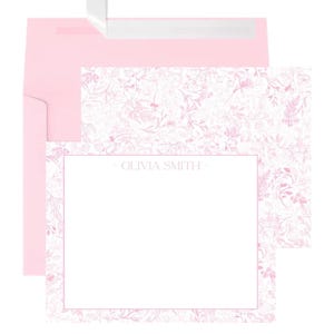 Personalized Notecards Toile, Chinoiserie Name Stationery, Customized Initials Note cards set, Pink White Floral Stationary with envelope
