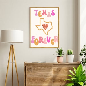 Arte de Texas, impresión de Texas, póster de Texas, arte de pared de Texas, decoración de Texas, impresión retro de Texas, decoración rosa de Texas, Texas femenino, letrero de Texas, regalo de Texas