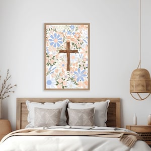 Flower cross print, pastel floral Christian decor, kids Christian wall art, pastel flower cross wall decor, Christian gifts for women